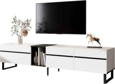 TV-Meubel- 180 cm - Klapvak, Open Vakken, Doppeldeuren - Minimalistisch TV-Lowboard, Veel Opbergruimte - MDF - Wit