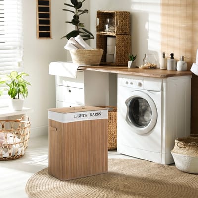 MODFU Wasmand Met Deksel En Uitneembare Waszak - Voor Badkamer Of Wasruimte - Bamboe - Naturel - 52 X 32 X 63 Cm