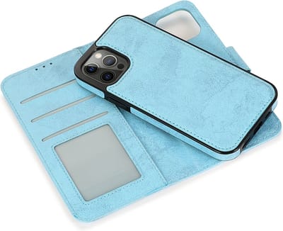 geschikt voor iPhone 13 Pro Max 2-in-1 Hoesje met Magnetische Backcover - Telefoonhoesje met vakjes voor pasjes - Inclusief polsbandje - Mobiq Magnetische 2-in-1 Wallet Case geschikt voor iPhone 13 Pro Max lichtblauw