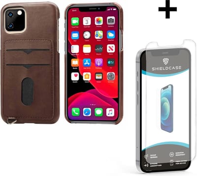 ShieldCase Vintage case met pasjeshouder geschikt voor Apple iPhone 12 / 12 Pro 6.1 inch - telefoonhoesje met ruimte voor pasjes - bruin + glazen Screen Protector