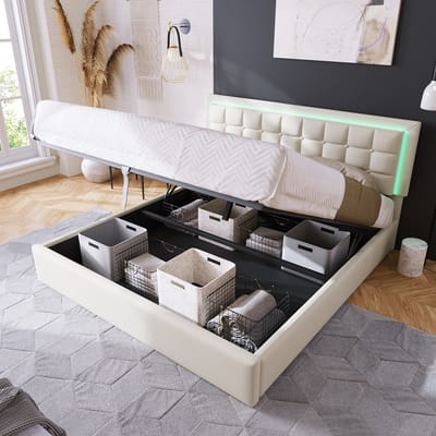 KOMHTOM Tweepersoonsbed 160x200 cm Bed volwassenen met led opbergruimte bed kunstlederen bekleding Wit