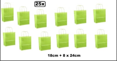 25x Koordtas papier groen 18cmx8cmx24cm - goodiebag|papieren|draagtas|tas|koord|festival|kado|themafeest|party|geschenken