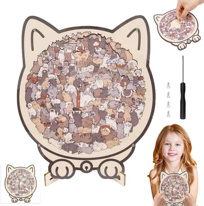 Kleurrijke 135-delige Houten Puzzel in Katvorm met Frame en Stand, Perfect voor Kattenliefhebbers en Thuisdecoratie, Educatief Speelgoed voor Kinderen