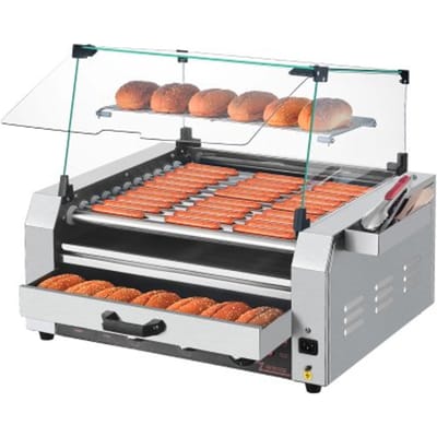 VEVOR Hotdoggrillmachine voor 30 hotdogs, 11 rollen, roestvrij staal, 2400 W, elektrische grill met broodjeswarmer en deksel (glas + PC), 3 temperatuurregelaars, opbergbox aan de zijkant en lekbak voor olie