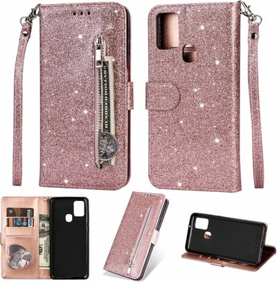 Portemonnee Hoesje - Wallet Case - Rits Sparkly Glitter - Telefoonhoes met Kord Geschikt voor: Samsung Galaxy M31S - Rosegoud