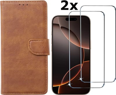 Hoesje Geschikt voor iPhone 16 Pro Max hoesje bookcase met 2 stuks screenprotectors – Bruin