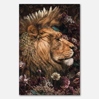 Poster op Papier - 40 x 60 cm - Leeuw met bloemen en veren - PosterJunkie