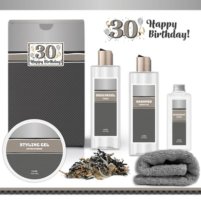 Geschenkset “30 Jaar Happy Birthday!” - 5 producten - 900 gram | Giftset voor hem - Luxe wellness cadeaubox - Cadeau man - Gefeliciteerd - Set Verjaardag - Geschenk jarige - Cadeaupakket vader - Vriend - Broer - Verjaardagscadeau - Zilver