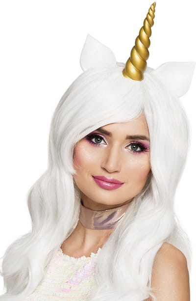 KIMU® Witte Pruik Eenhoorn Lang Schuine Pony Gouden Hoorn - Unicorn Festival