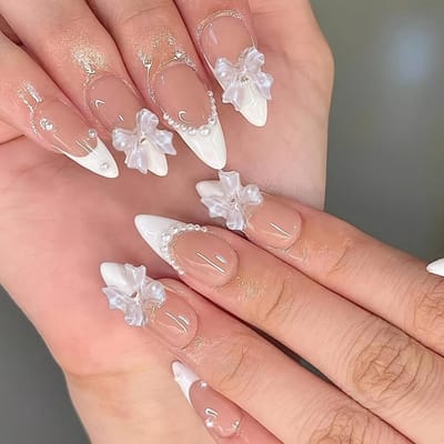 24 STUKS Plaknagels Amandel/Stiletto Roze Strikje Vingertop Frans Schattige Nepnagels Volledige Bedekking Nepnagelset 24pcs