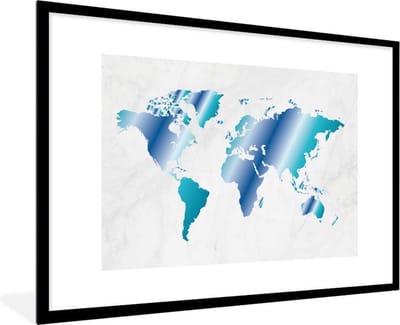 Poster in lijst - Fotolijst 120x80 cm - Posters - Wereldkaart - Blauw - Marmer - Posterlijst zwart - Decoratie - Wanddecoratie woonkamer - Muurdecoratie slaapkamer