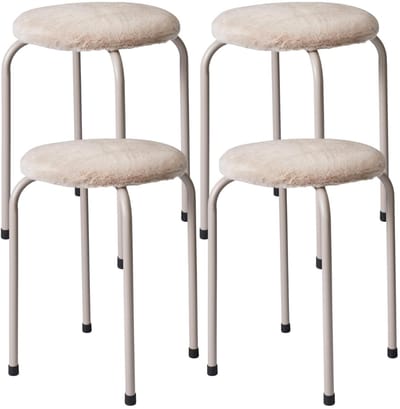 Bijzet krukje Furry beige - 4x - metaal/stof - D40 x H48 cm - Meubels
