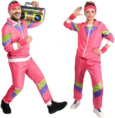 80's Fashion Shell Suit Kostuum voor Disco Feest, Inclusief Hoofdband en Polsbanden voor Mannen en Vrouwen (Rood-M)