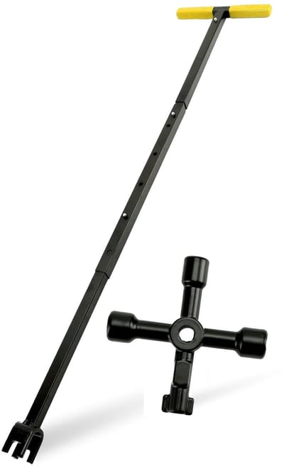 Dailygoods- Watermetersleutel T-vormig design - Opvouwbare Stalen Handgreep - Multifunctioneel Gereedschap - Wateruitschakelgereedschap - 4 Sleutels voor Ventielen - 20 x 95 cm - Waterafsluiter Sleutel