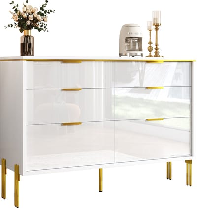 Moderne Sideboard-Met 6 Lades-In Wit en Goud-Hoge Glans Fronten-Voor Woonkamer, Eetkamer & Hal-Wit en Goud