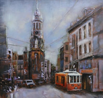 Amsterdam - Schilderij - metaalschilderij -Stads gezicht - tram - 100x100cm