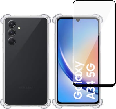 Hoesje geschikt voor Samsung A34 + Screenprotector – Full Screen Tempered Glass - Extreme Shock Case Transparant
