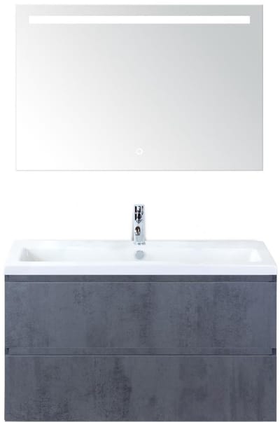 Vogue Badmeubelset 100 cm - Greeplijst in Kleur - Beton Antra - Keramische Wastafel Wit 1 Kraangat met Sence Spiegel