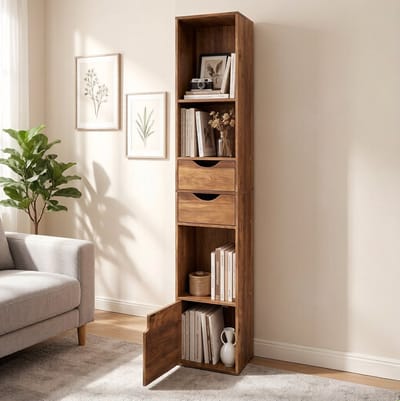 HAUSS SPOLE Boekenkast - Smal Hoog Opbergrek Met 2 Lades En Deur - Verstelbare Planken Voor Woonkamer En Kantoor - Houtlook - 30x24x157,5 Cm - Bruin