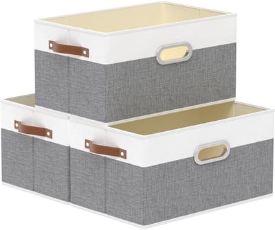 Thijox - 3-pack Opvouwbare Opbergdozen met Handgrepen, Wasbare Stoffen Opbergboxen voor Kleding, Organisatie, Slaapkamer, Woonkamer, 38x25x21cm, Wit/G