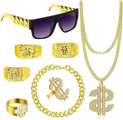 Complete Hip Hop Kostuum Set met 8 Stukken, Perfect voor Feesten, Concerten en Halloween, Inclusief Dollar Sign Ketting en Accessoires voor 80s en 90s Rapstijl
