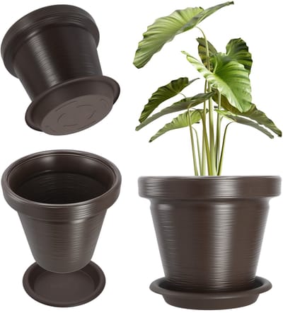 KADAX Bloempot van kunststof, 4 kleuren, plantenbak met onderzetter, plantenpotten, plantenpot met gesneden patroon, kunststof bloempotten, ronde bloempot (diameter 39 cm, donkerbruin)