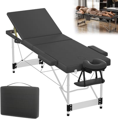 Zwarte mobiele massagetafel, opvouwbaar – 3 zones aluminium massagetafel in hoogte verstelbaar (8 standen) – Draagbaar massagebed met hoofdsteun, armleuningen en tas voor cosmetica, wellness en fysiotherapie