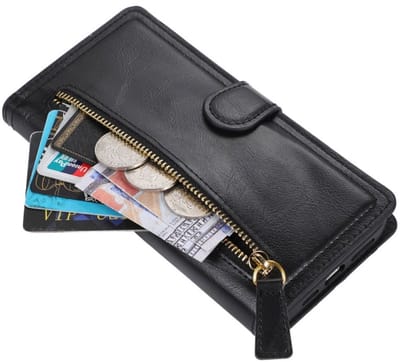 Premium vintage portemonnee hoesje met ritssluiting flip-cover hoes met kaarthoudersleuven Geschikt voor: Samsung Galaxy S24 FE - Zwart