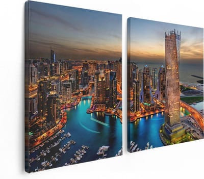 Artaza Canvas Schilderij Tweeluik Dubai Haven met de Stad - 120x80 - Foto Op Canvas - Canvas Print