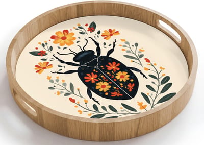 Dienblad rond 40x40 cm - Schootdienblad hout - Bloemen - Oranje - Planten - Sierlijk - Borrelplank rechthoek - Plateau houten dienbladen