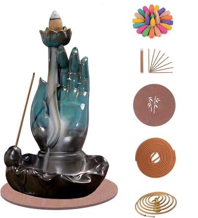 LotaHome - Wierook Waterval - Wierookbrander - Wierook Houder - Complete set - Met 120 Geur Kegels, 30 Wierook Stokjes, 40x Wierook Spiraal, 1 Onderlegger, 1 Spiraal Houder - Kegelbrander Houder - Aromatherapie - Geur Brander - Turquoise - Cadeau