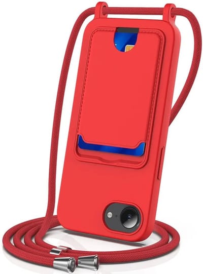 Hoesje met Koord en Pasjeshouder Geschikt voor Apple iPhone 16e / 17e | Back Cover met Crossbody Koord en Kaarthouder | Ideaal voor Festival/Vakantie | Siliconen | Rood