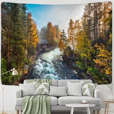 Tapisserie murale à l'huile avec forêt et montagnes enneigées, décoration hippie, bohème, psychédélique, pour salon 95x70cm