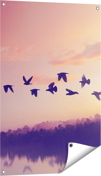 Gards Tuinposter Silhouet Vogels tijdens Zonsondergang - 60x90 cm - Tuindoek - Tuindecoratie - Wanddecoratie buiten - Tuinschilderij