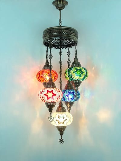 Turkse hanglamp mozaïek glas multicolour - 5 bollen - hoogte 110 cm - handgemaakt en uniek