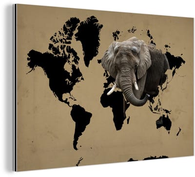 Aluminium schilderij 120x80 cm - Wanddecoratie metaal - Wereldkaart - Zwart - Olifant - Metalen muurdecoratie woonkamer - Decoratie industrieel - Foto op dibond - Industriële accessoires slaapkamer