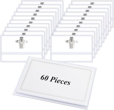 Naambordjes voor Kleding, 60 Stuks, Transparante ID-kaarthouders met Clip en Pin voor Kantoor, School en Evenementen, 90 x 56 mm