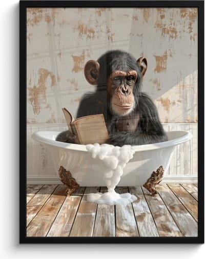 Poster in lijst - Fotolijst 60x80 cm - Posters - Vintage - Aap - Badkuip - Schuim - Dier - Posterlijst zwart - Wanddecoratie badkamer - Muurdecoratie WC - Decoratieve accessoires - Toilet muur decoratie