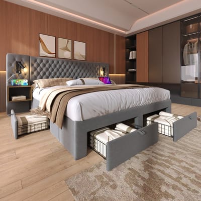 Gestoffeerd bed 160x200 cm - met 2 nachtkastjes en 4 lades - hoofdeinde leeslamp met USB-oplaadfunctie - grijs - zonder matras