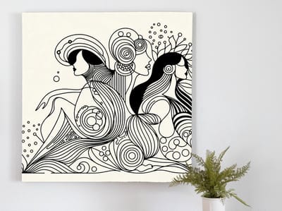 Line art dikke dames schilderij | Volumineuze vrouwen dansen sierlijk op lijnenspel van Kunst | Kunst - 30x30 centimeter op Canvas | Foto op Canvas