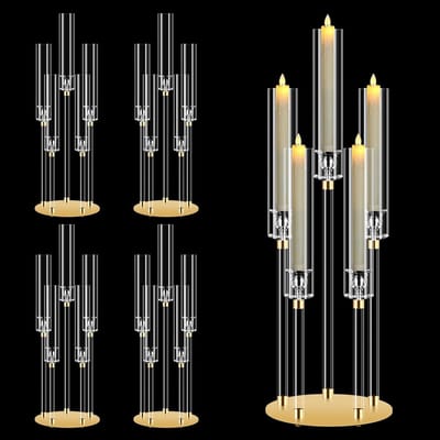 4 Sets 5 Arms Acryl Kaarsenstandaards, 27'' Hoge Transparante Kaarsenhouder, Decoratieve Centerpieces voor Kerst, Bruiloften en Feestjes, Geschikt voor 0.87'' LED Kaarsen