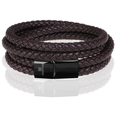 Memphis dubbele wrap armband Leer Bruin Zwart-19cm