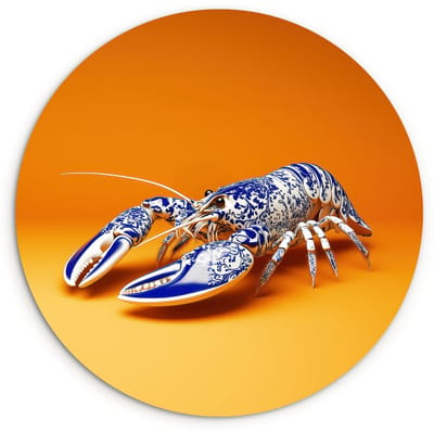 WallCircle® Wandcirkel 120x120 cm - Muurcirkel Kreeft - Delftsblauw - Schild - Stoer - Oranje - Muurdecoratie woonkamer - Wanddecoratie slaapkamer - Kamer decoratie accessoires - Ronde schilderijen XXL
