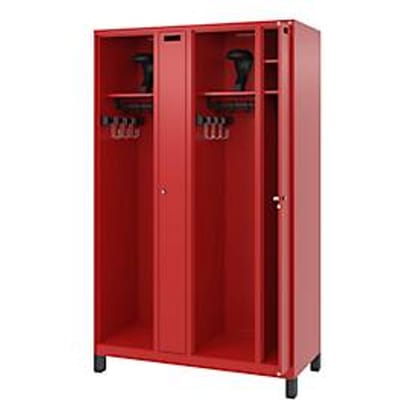 Brandweerkluis C+P Evolo Kombi, 4 vakken voor 2 personen, met helmhouder, poten, B 1200 x D 500 x H 1950 mm, RAL 3000 vuurrood/RAL 7021 zwartgrijs
