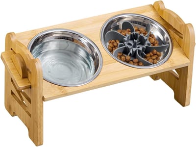 Voerbak voor honden en katten - bamboe, verstelbaar - antislip, roestvrijstaal - gewrichtsvriendelijk gebruik - ShopVlot