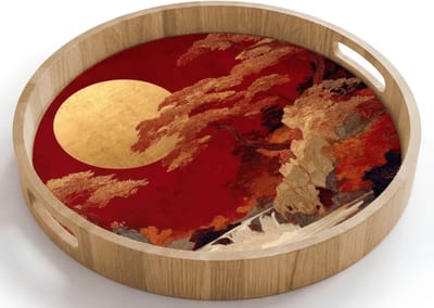 Dienblad rond 40x40 cm - Schootdienblad hout - Volle maan - Landschap - Waterval - Borrelplank rechthoek - Plateau houten dienbladen