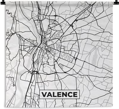 Wandkleed - Wanddoek - Frankrijk - Plattegrond - Stadskaart - Valence - Kaart - Zwart wit - 150x150 cm - Wandtapijt