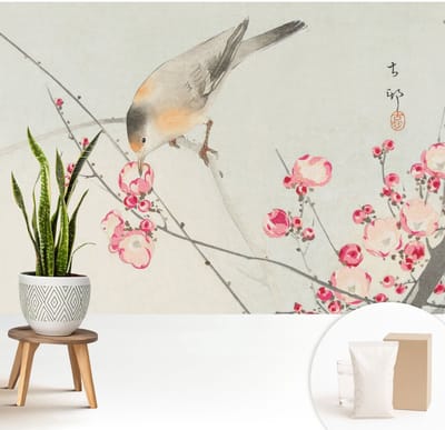 Wallfluent Behang - Bloemvogel Muurbehang - 208x146 cm - Zwart Behang - Voor liefhebbers van geschiedenis en reizen - Behang Voor op kantoor, voor de hal, voor de woonkamer - Behangrol Bloemen en planten