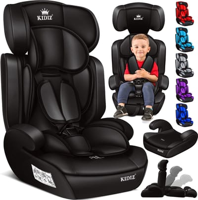 KIDIZ® Autostoeltje | Groep 1+2+3 | 9-36 kg 5-punts veiligheidsgordel, Autostoeltje, Kinderzitje, Verstelbare Hoofdsteun | Stoelverhoger 1-12 jaar, Stabiel en Veilig - Zwart