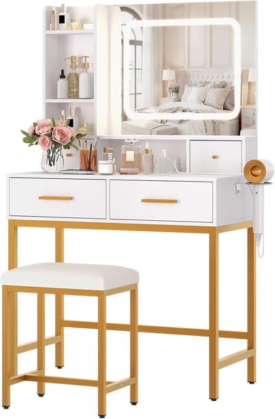 Kaptafel met LED Spiegel en Krukje - Make-up Tafel met 3 Kleuren Verlichting - 4 Lades, Opbergplanken & Ingebouwd Stopcontact - Wit/Goud